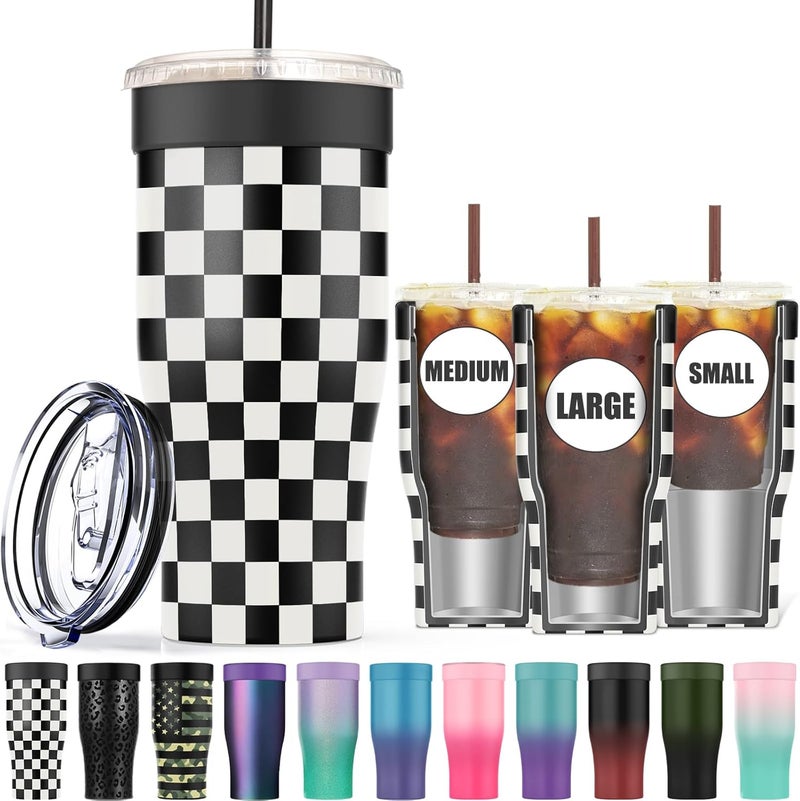 Niceyos Universal Iced Coffee Sleeve - Insulated Double Wall Reusable Stainless Steel Holder Sleeves Insulator for Cold Drinks Fits Small Medium Large To Go Cups Gifts for Men Women Him Her (Black Checkered) - Image 1